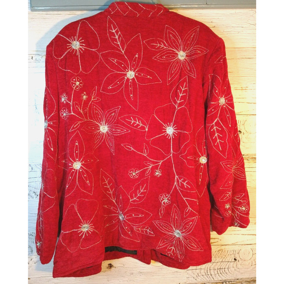 Draper’s & Damon’s Red Knit Jacket Poinsettia Embroidery Petite PL Holiday - Picture 3 of 8